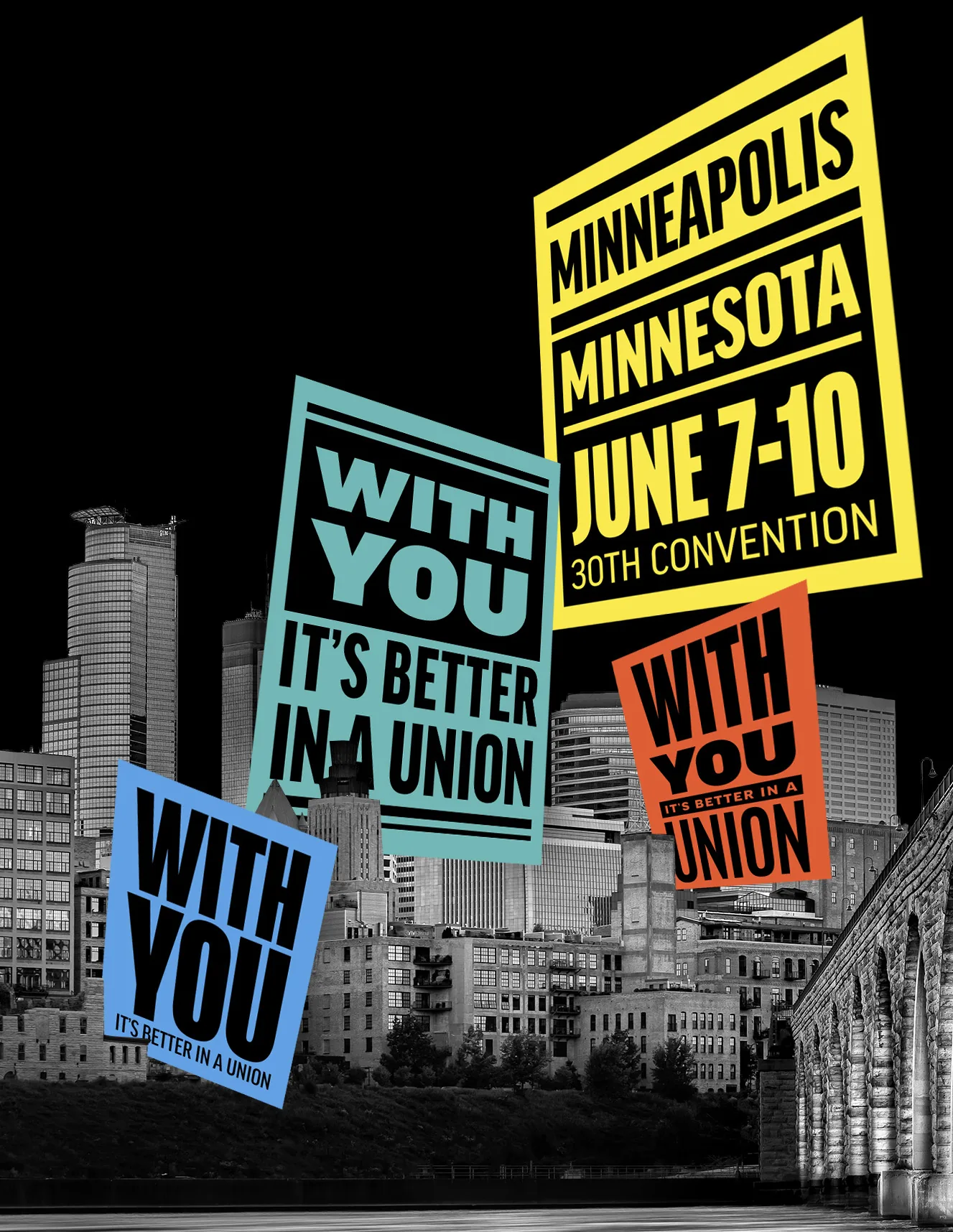 Minneapolis skyline with AFL-CIO convention messaging