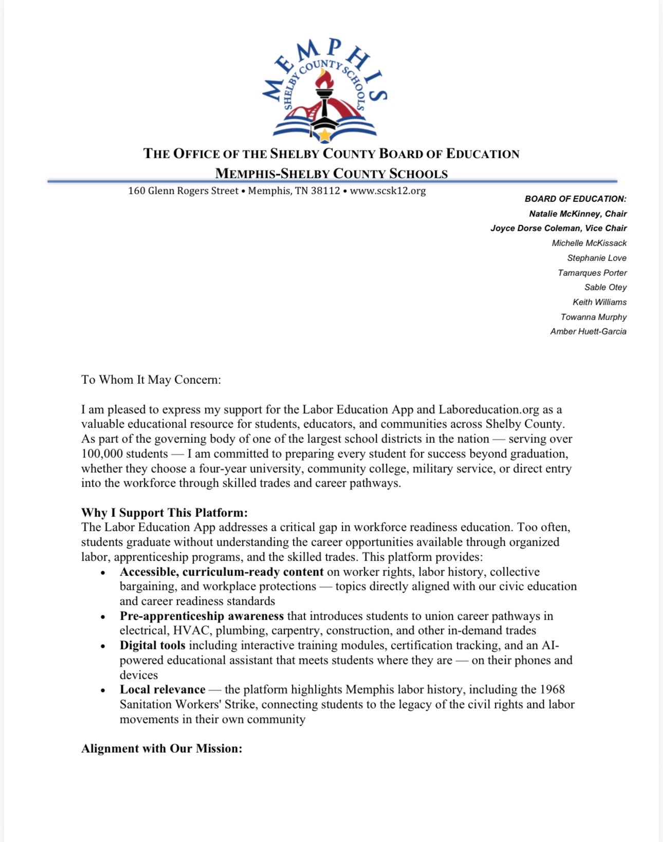 Board Member Sable Otey letter of support
