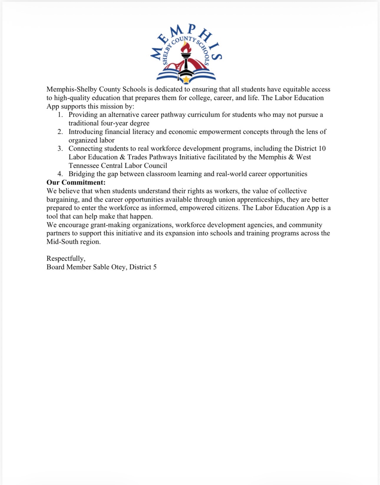 Endorsed by Memphis-Shelby County Board of Education letter 2