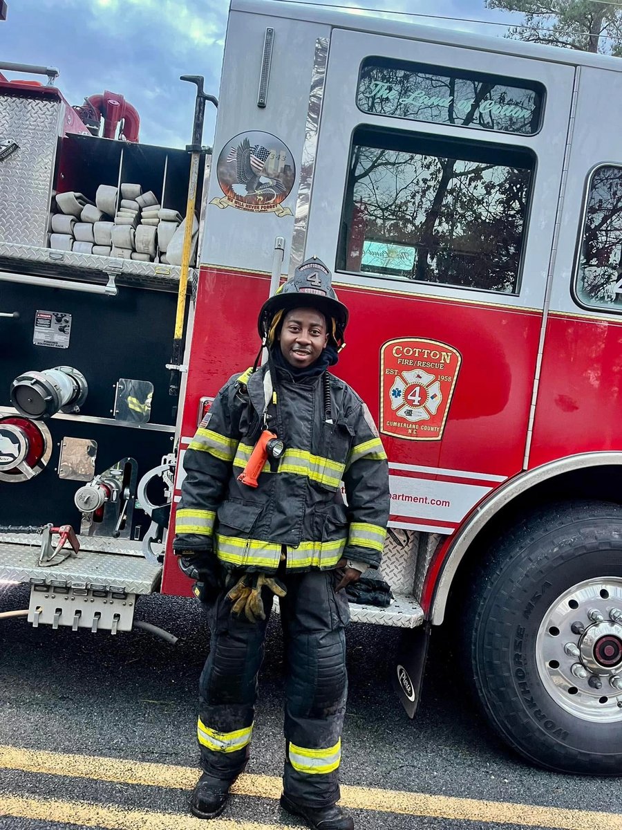 Volunteer firefighter, suited up after a call