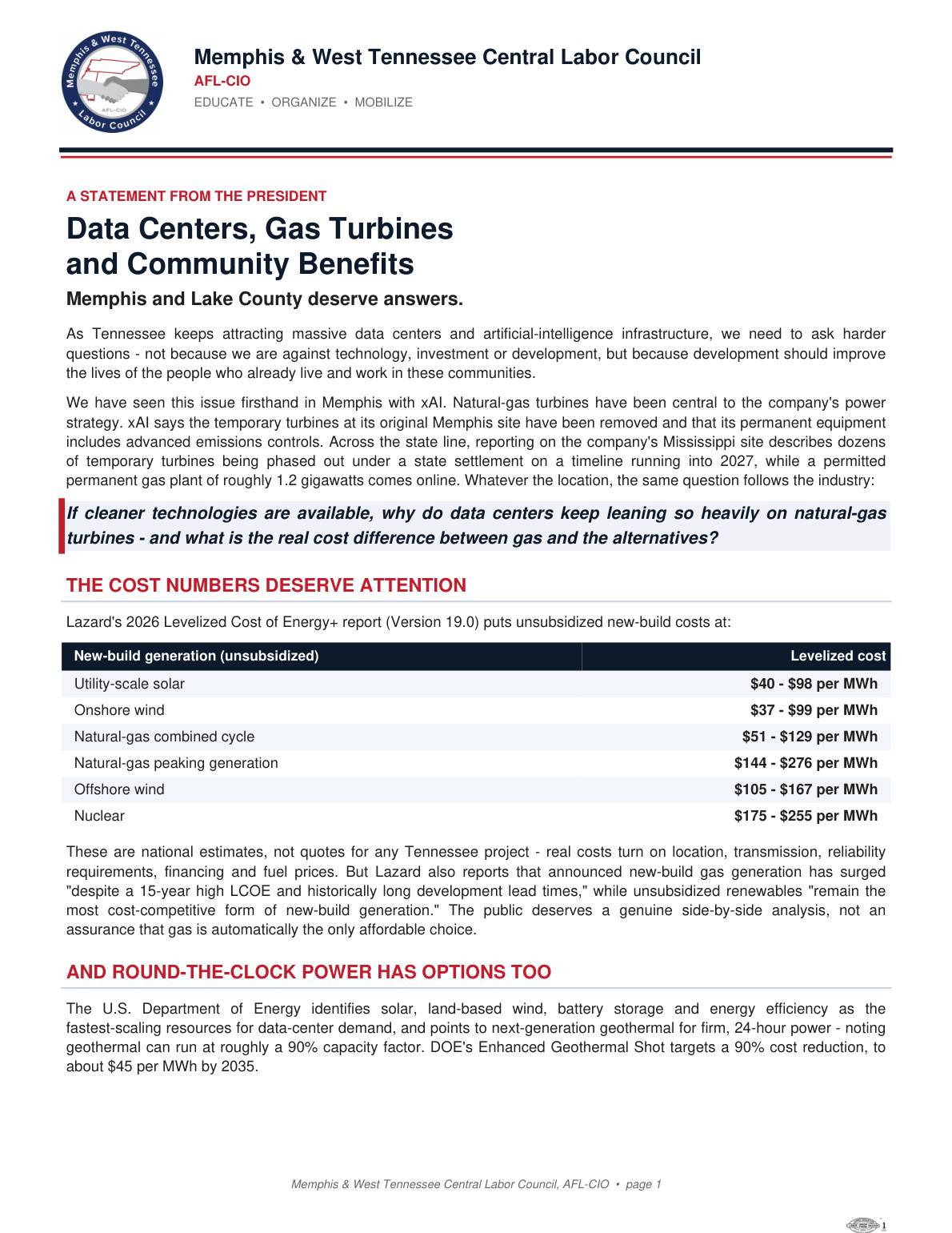 Memphis & West Tennessee CLC statement on data centers — page 1